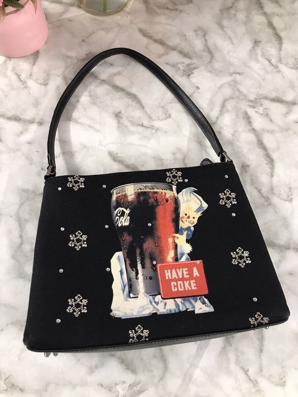 Vtg CocaCola Sprite Boy Frostman "Have a Coke" Handbag Purse Black w/Snowflakes